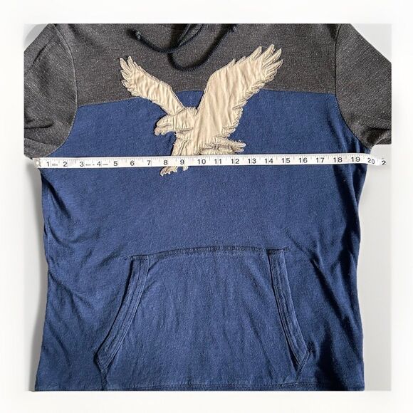 American Eagle Mens S Big Eagle Logo Thermal Long Sleeve Hoodie Henley Blue Gray - Picture 4 of 12